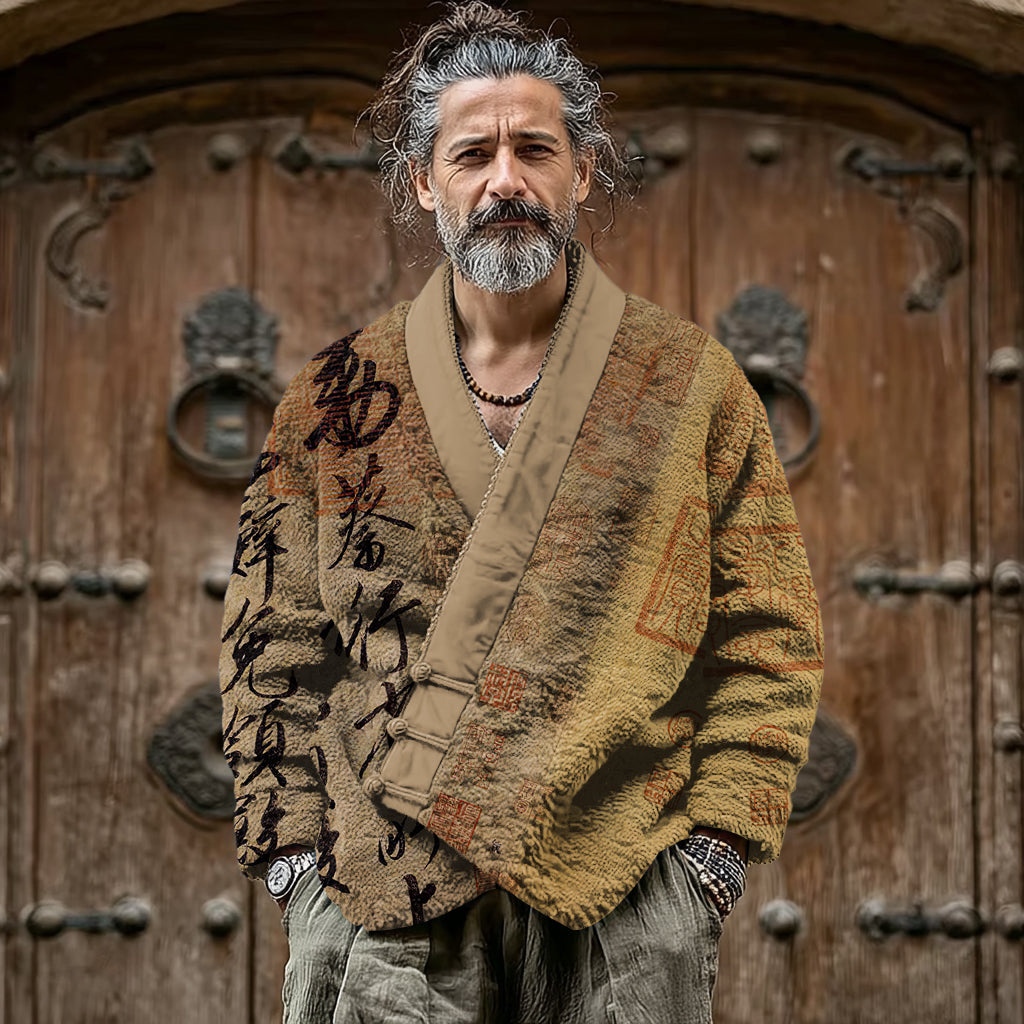 Men‘s Retro Calligraphy Art Print Cozy Fleece Kimono Cardigan