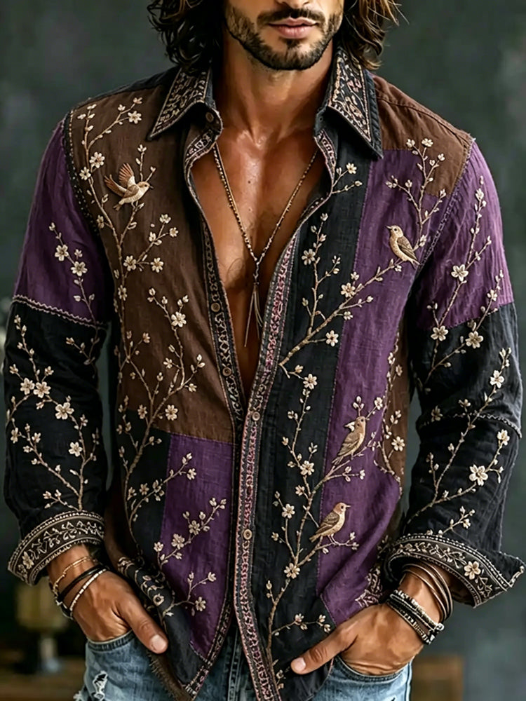 Men's Retro Flowers And Birds Patchwork Art Casual Linen Shirt