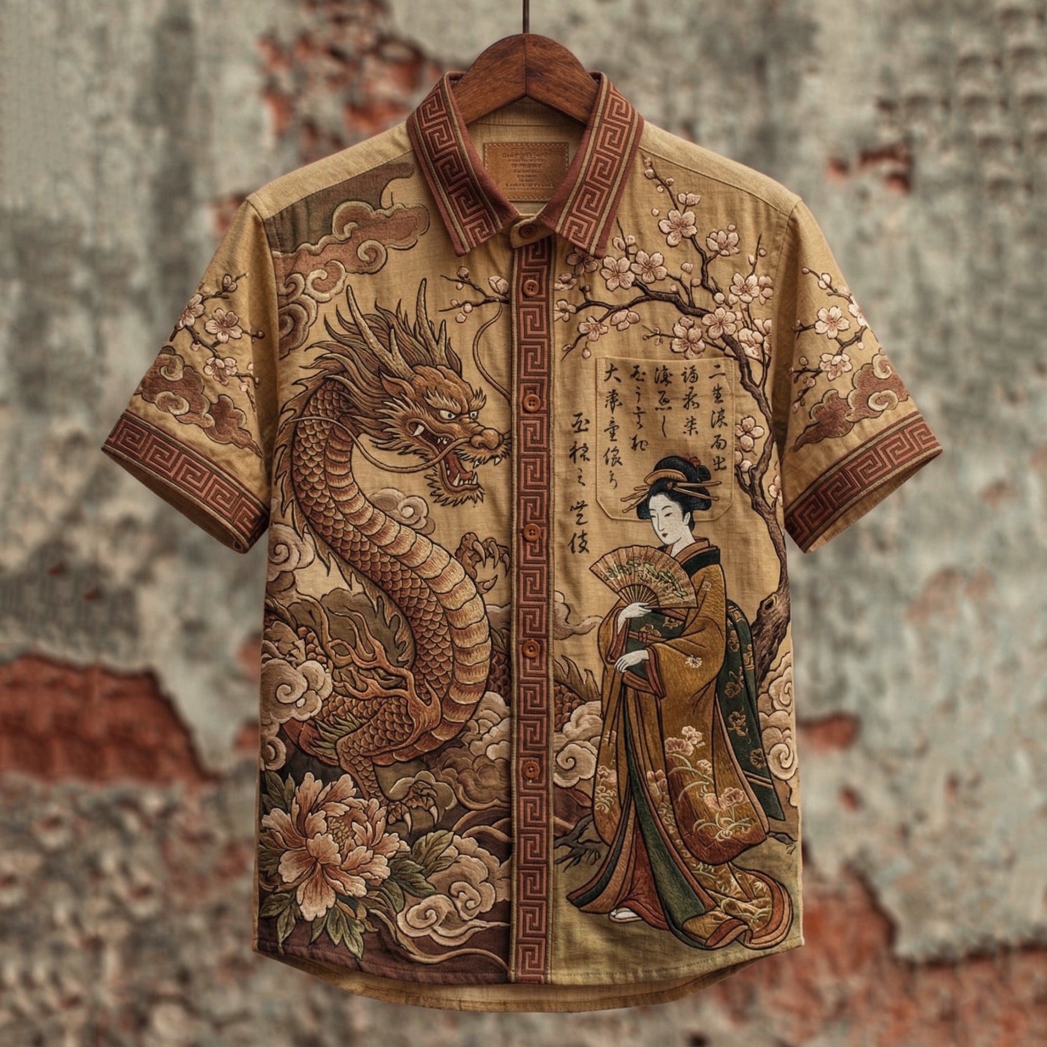 Vintage Elegant Japanese Geisha And Dragon Art Printed Short-sleeve Shirt