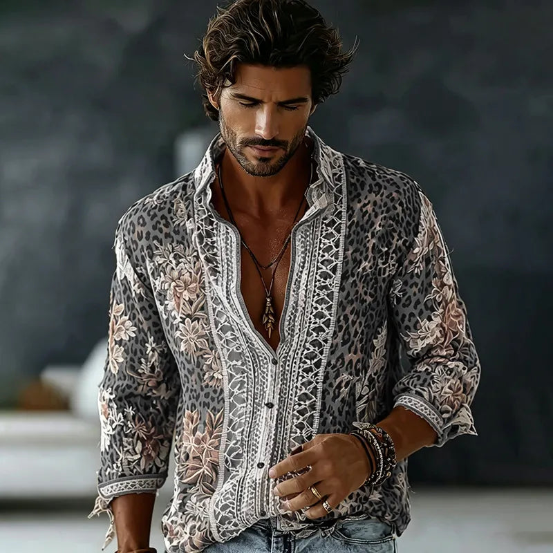 Men's Retro Floral In Leopard Art Print Flowy Linen Blend Shirt
