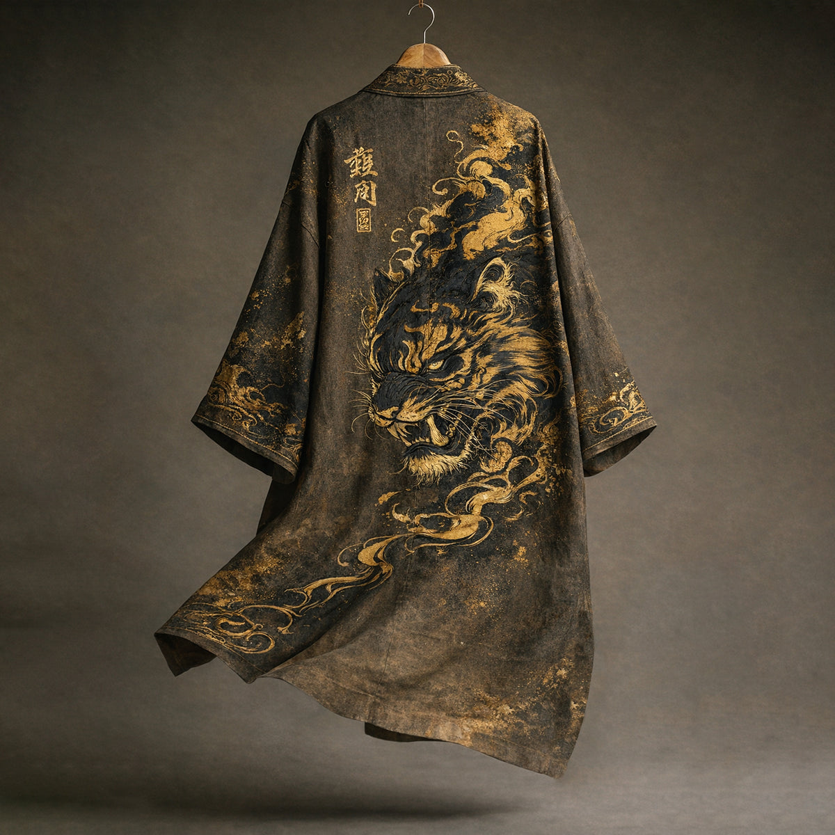 Japanese Style Retro Calligraphy Tiger Art Pattern Casual Linen Blend Kimono