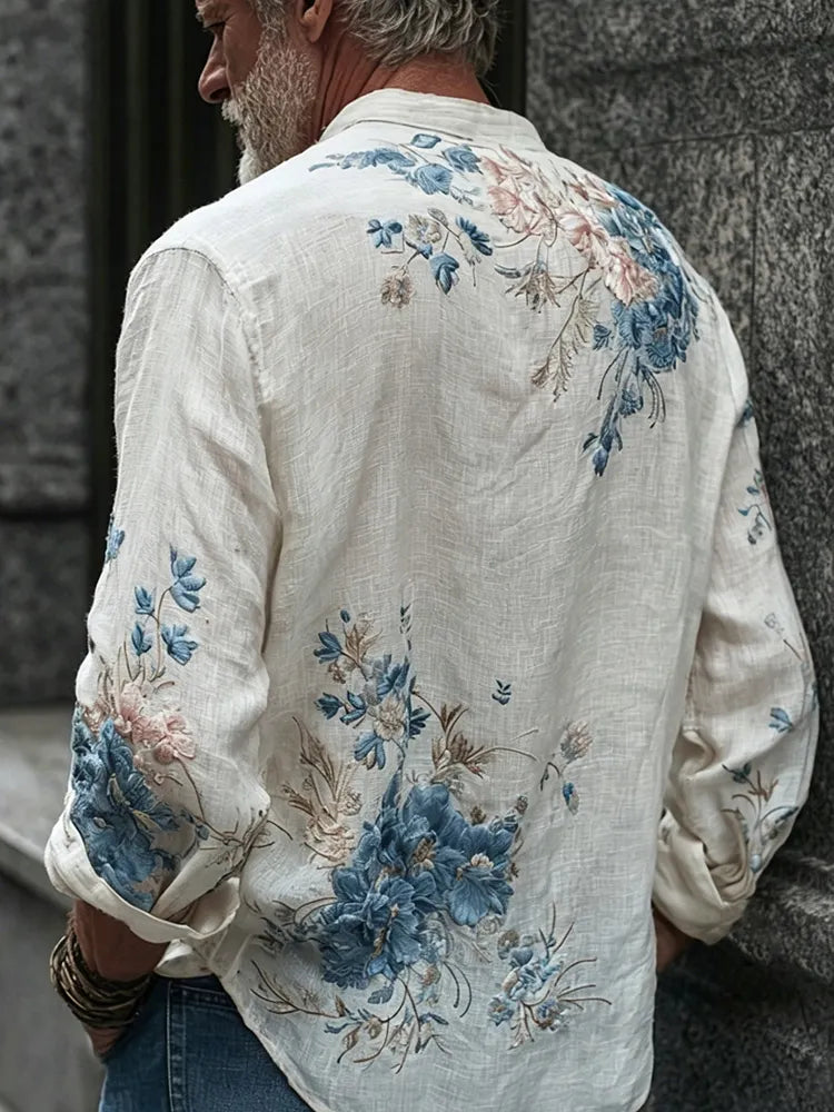 Men's Retro Floral Art Embroidery Linen Blend Casual Shirt