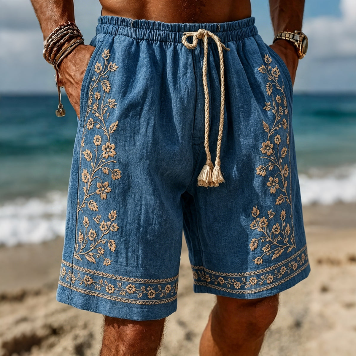 Men's Vintage Floral Embroidered Art Print Flowy Linen Blend Casual Shorts