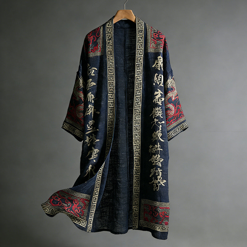 Men's Japanese Dragon Pattern Calligraphy And Painting Art Linen Long Kimono