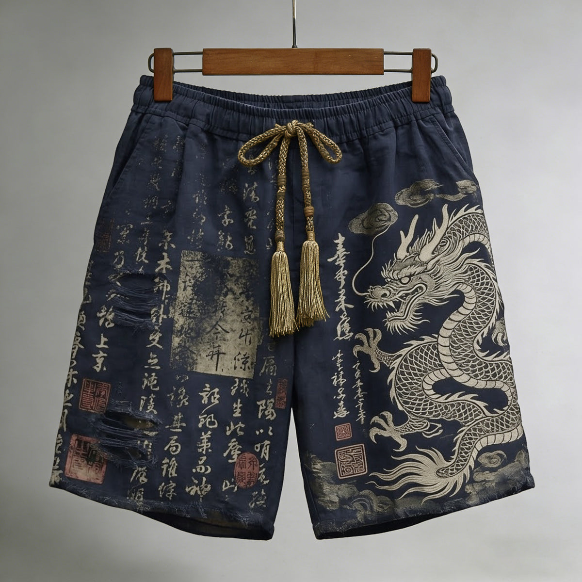 Men's Calligraphy With Dragon Art Pattern Linen Blend Casual Shorts