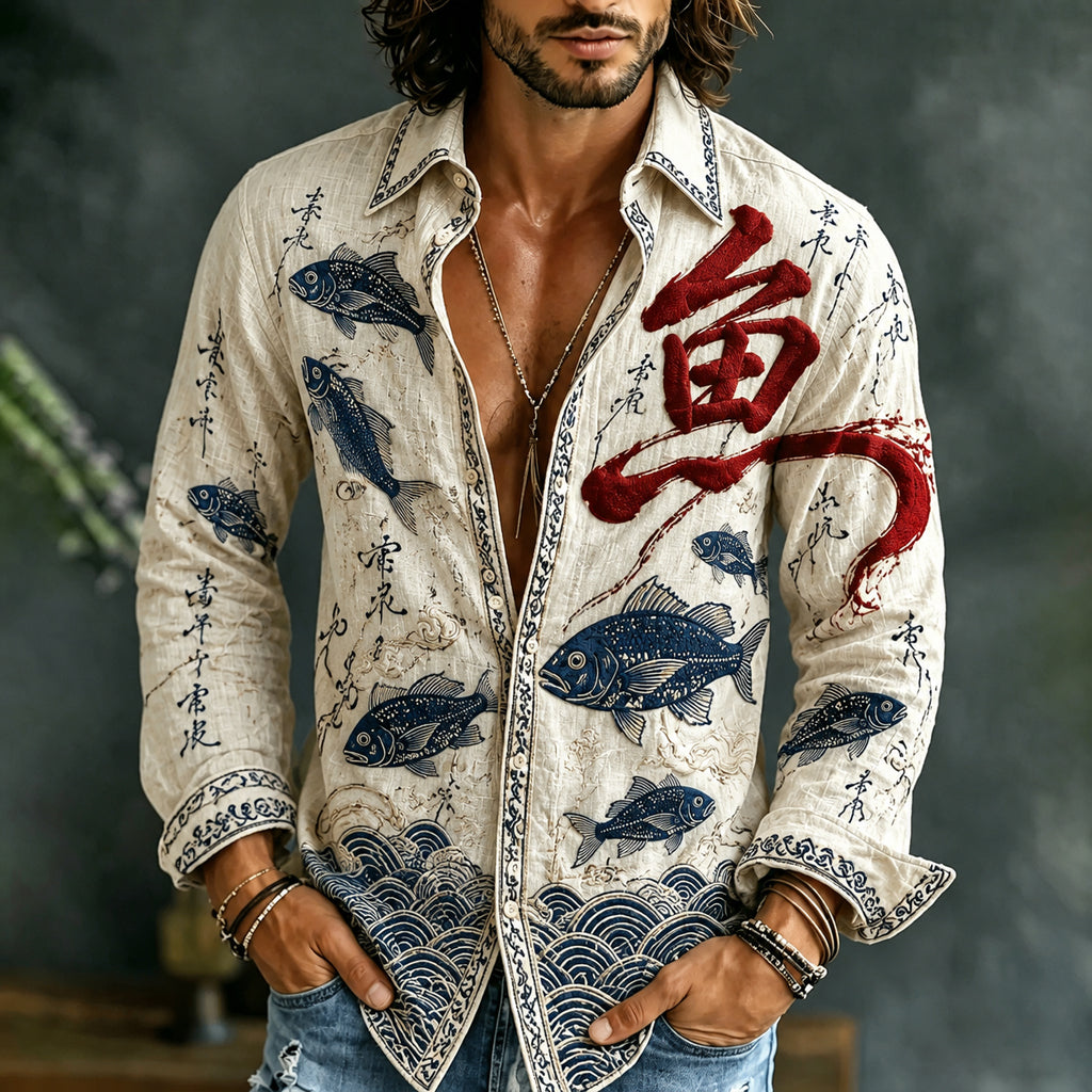 Men's Japanese Fish Art Long Sleeve Linen Blend Shirt