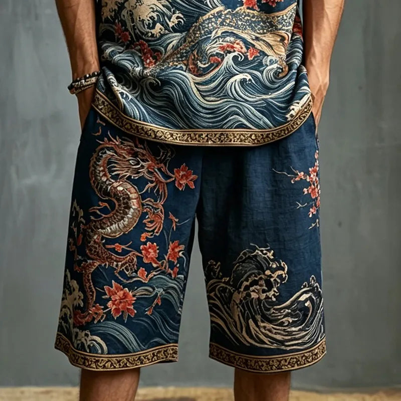 Men's Wave And Plum Blossom Design Cotton Linen V-neck Short-sleeve Shorts Two-piece Set