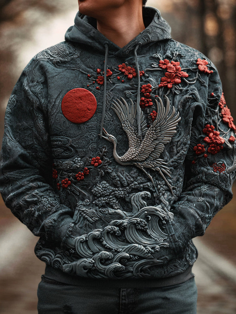 Japanese Flower & Crane 3d Art Men's Hooded Sweatshirt