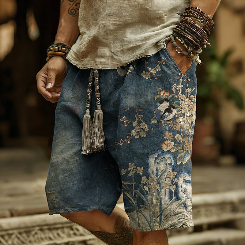 Vintage Japanese-style Floral Pattern Cotton-linen Casual Shorts