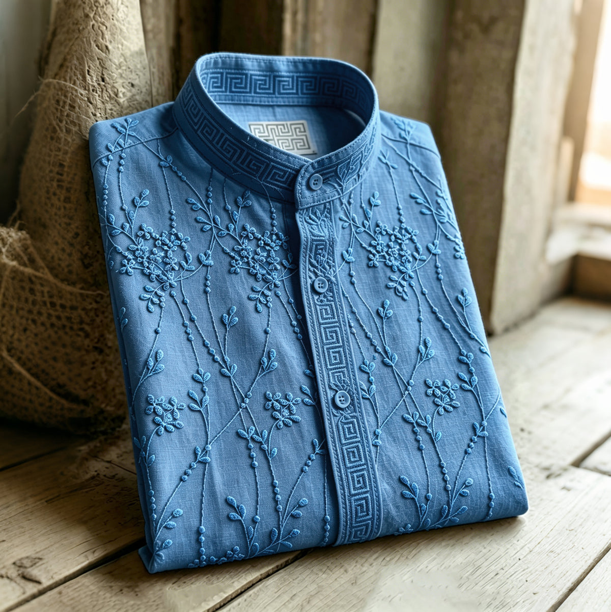 Retro Floral Pattern Casual Linen Blend Shirt