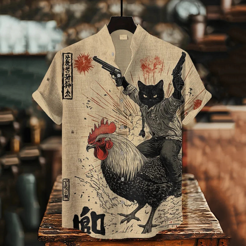 Men's Rooster And Black Cat Explosion Scene Calligraphy Print Short Sleeve Shirt