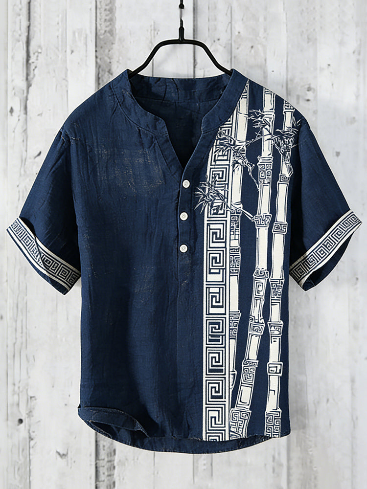 Men's Retro Bamboo Art Pattern Casual Linen Short-sleeve Shirt