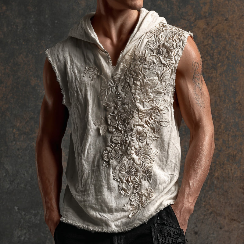 Men's Floral Lace Embroidered Vintage Hooded Linen Tank
