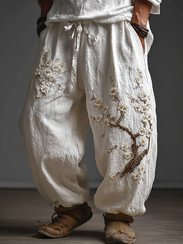 Men's Japanese Art Plum Blossom Print Casual Pocket Pants