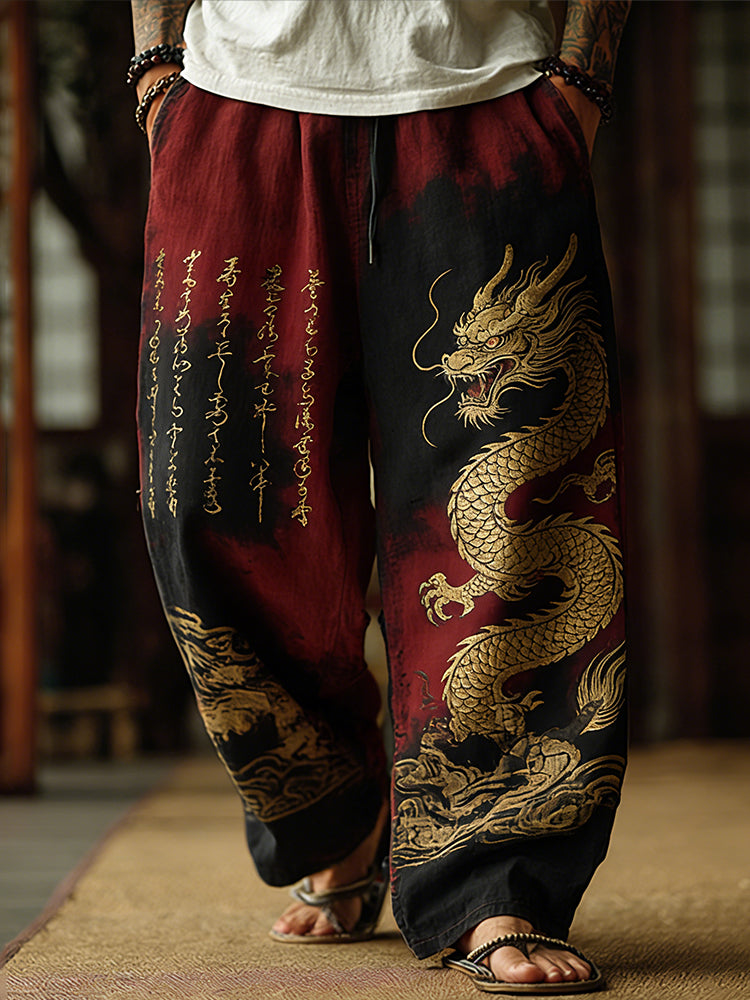 Japanese Retro Dragon Pattern And Calligraphy Art Tie-dye Pants