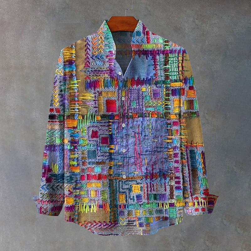 Men's Vintage Purple Patchwork Ethnic Art Print 100% Cotton Long Sleeve Shirt