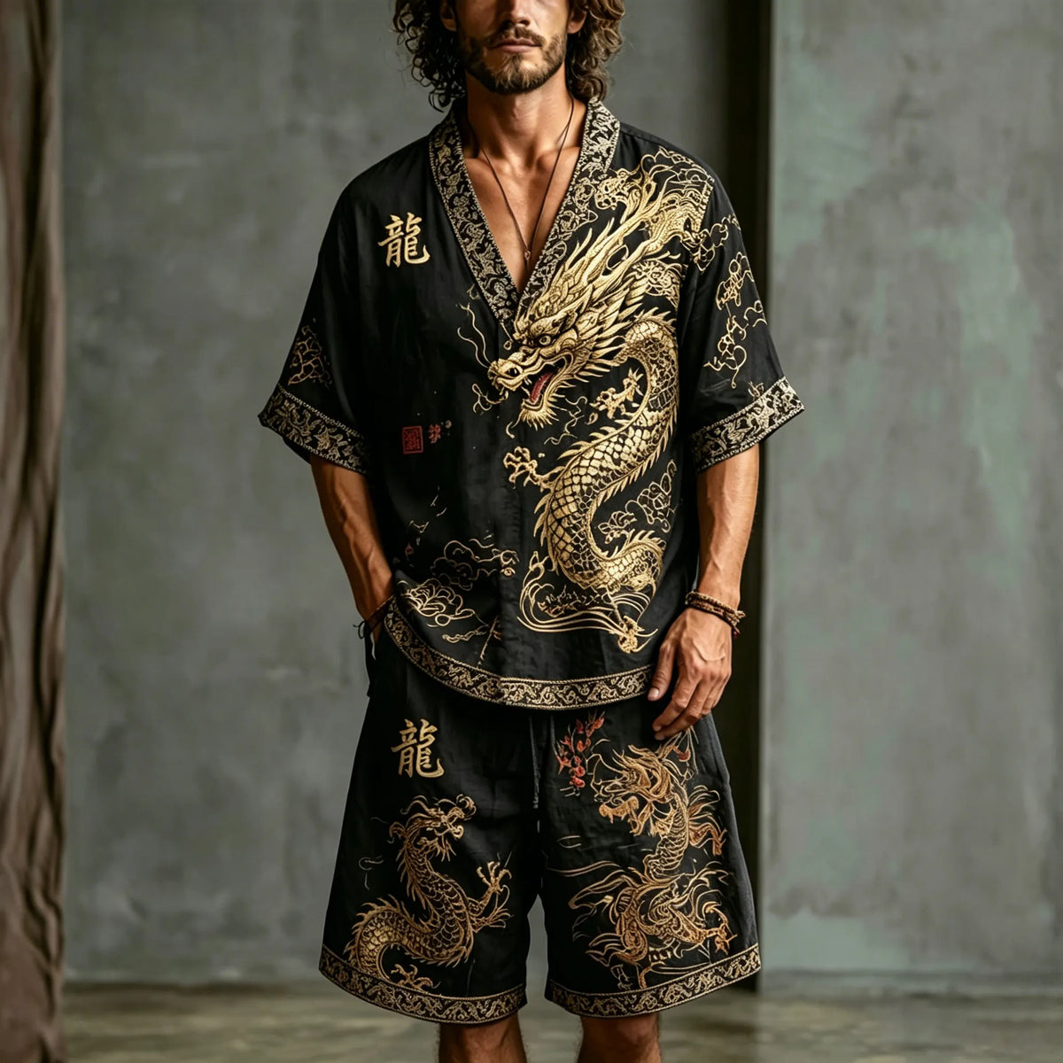 Men's Dragon Letter Cotton Linen V-neck Short-sleeve Shorts Two-piece Set