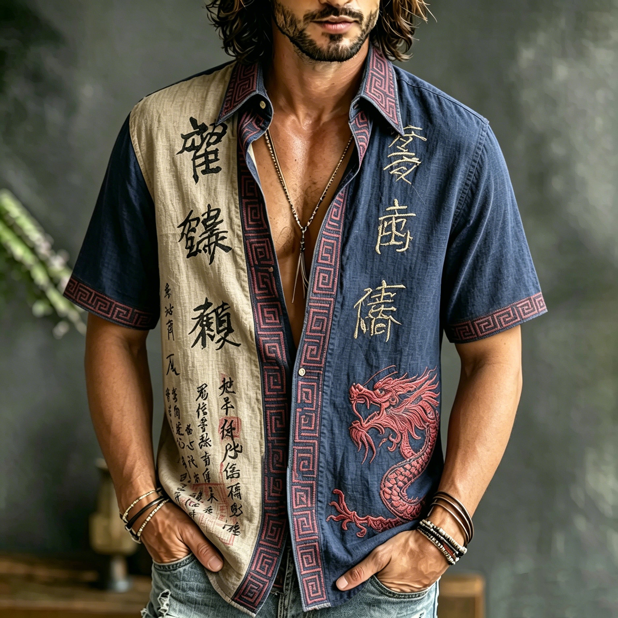 Men's Retro Japanese Calligraphy And Dragon Art Pattern Casual Linen Blend Shirt