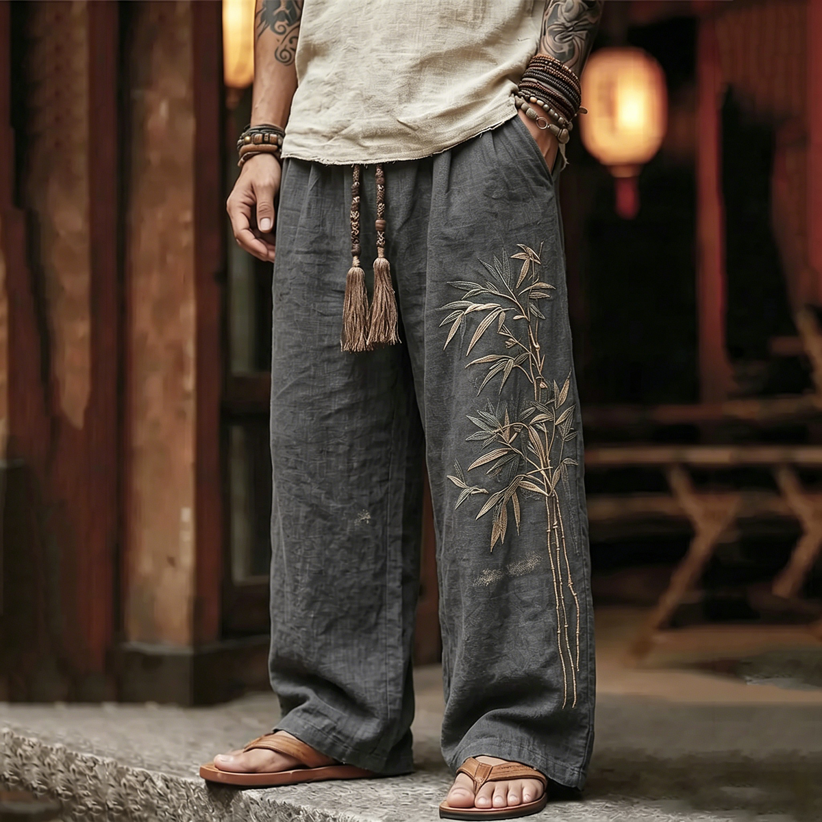 Men's Vintage Japanese Bamboo Embroidery Art Linen Blend Pants
