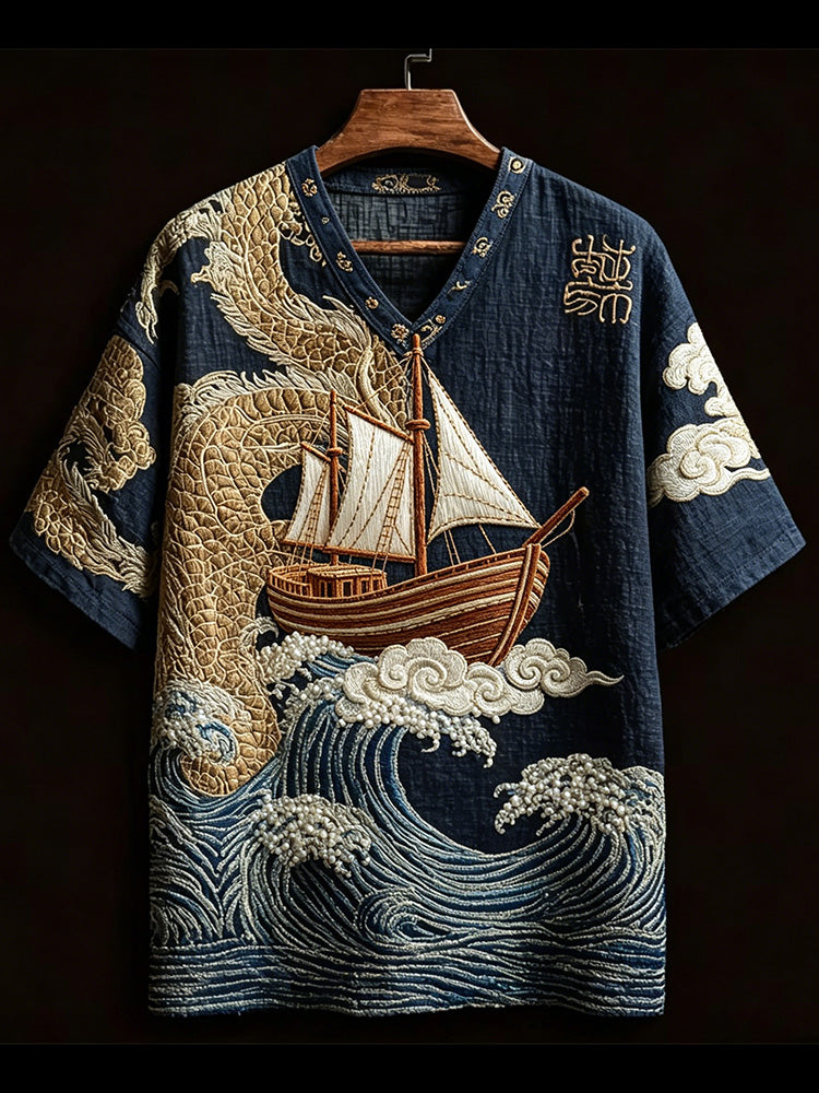 Men's Japanese Artistic Cloud And Fish Print Cotton Linen Top