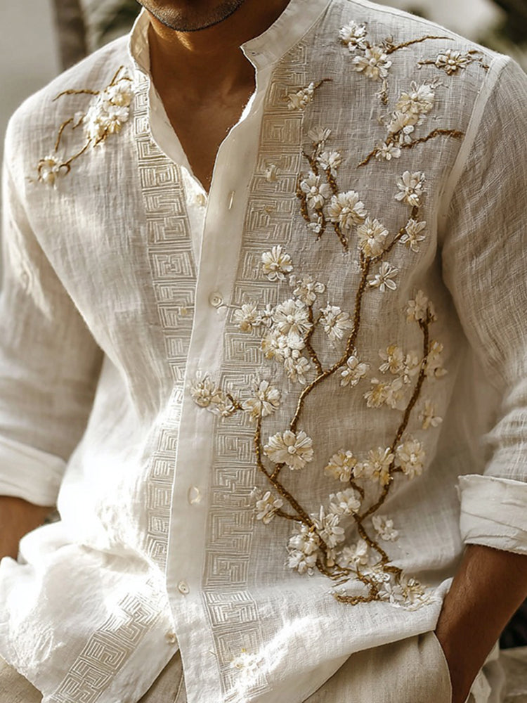Men's Japanese Artistic Cherry Blossom Linen-blend Shirt