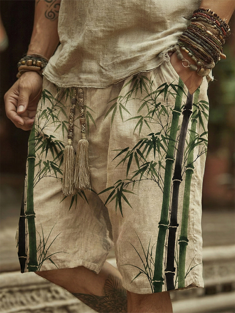 Men's Bamboo Art Print Linen Blend Casual Shorts