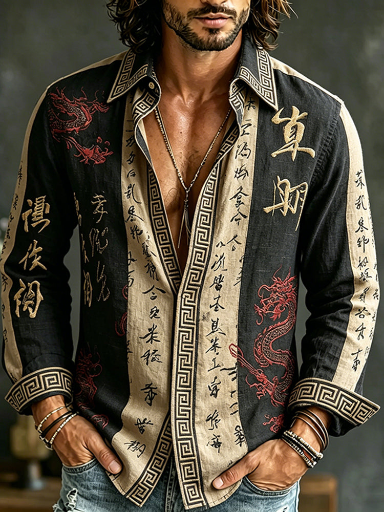 Men's Retro Japanese Calligraphy And Dragon Art Color Block Pattern Casual Linen Blend Shirt