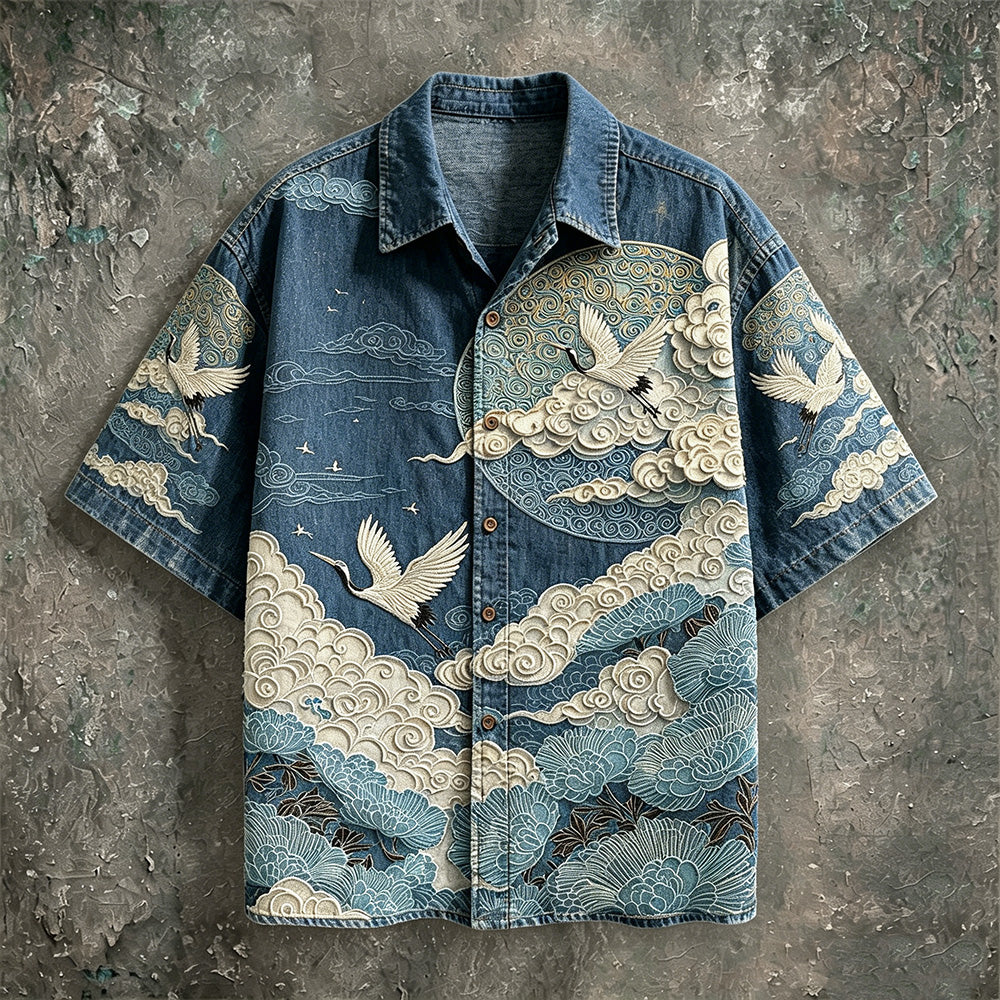 Men's Retro Ukiyo-e Japanese Crane & Cloud Embroidered Denim Camp Shirt