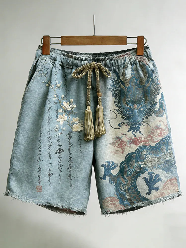 Men's Retro Floral Calligraphy And Dragon Pattern Art Casual Shorts