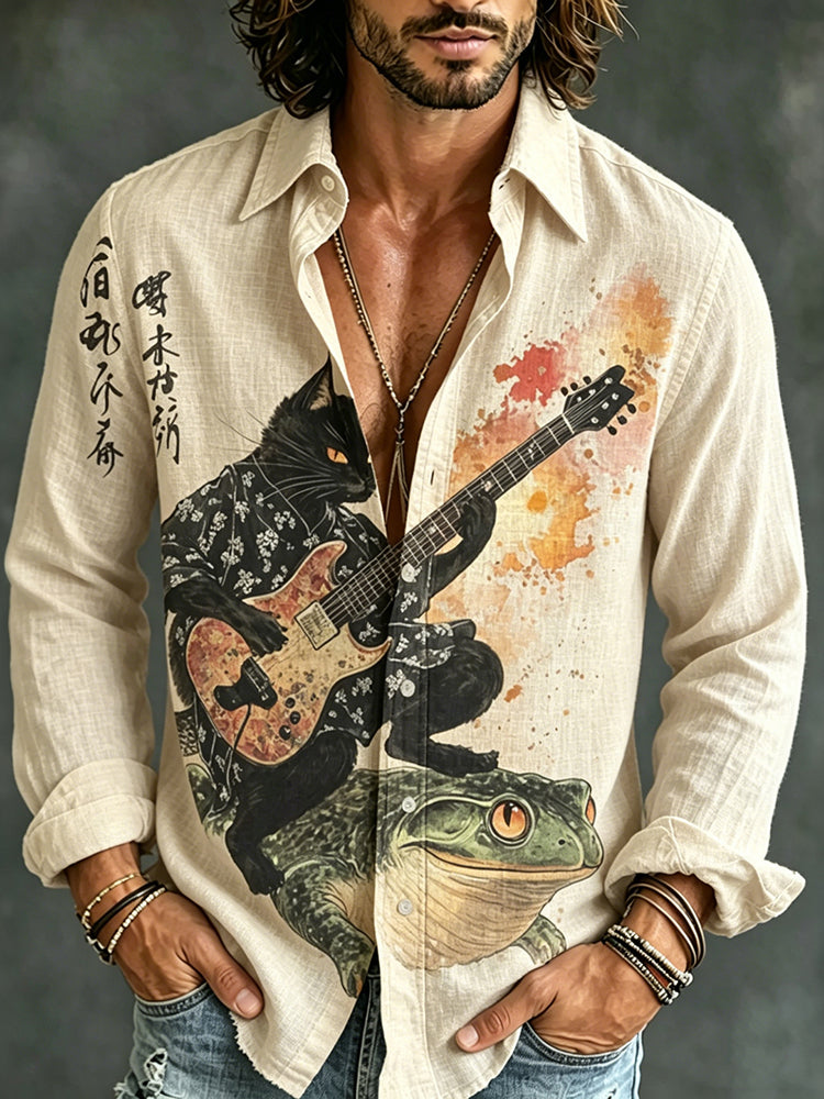 Men's Retro Japanese Black Cat Art Casual Shirt