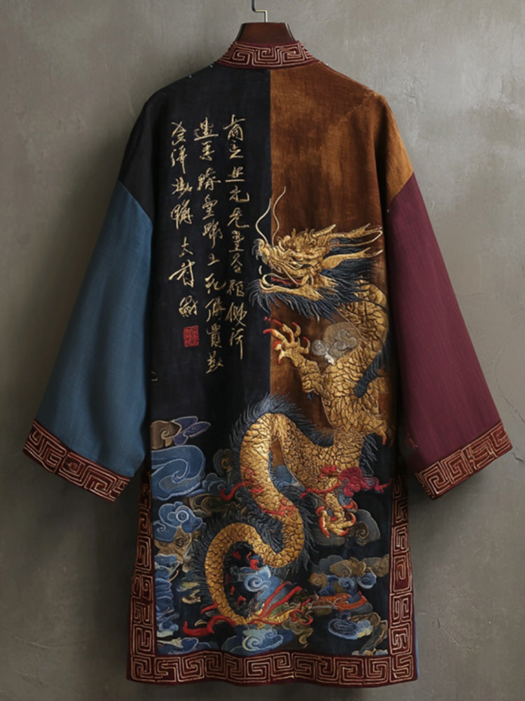 Japanese Style Retro Calligraphy Dragon Art Patchwork Flowing Kimono