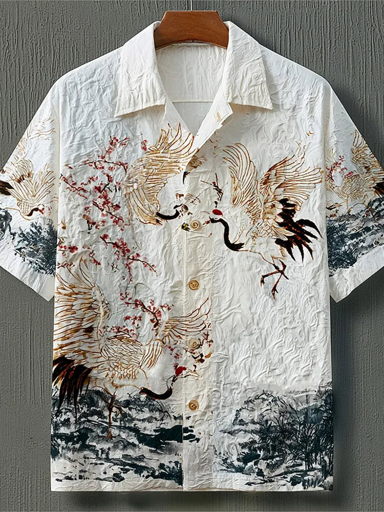 Men's Japanese Crane & Cherry Blossom Print Button Shirt - Vintage Art Casual Top