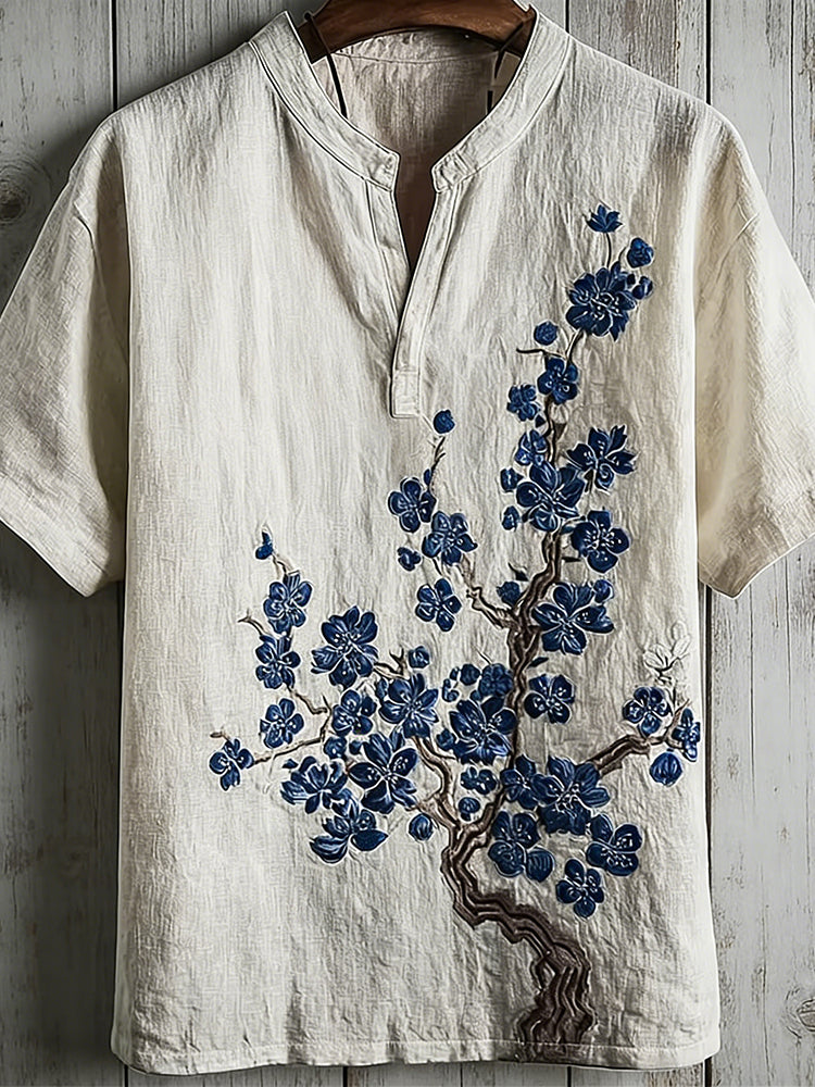 Vintage Japanese Plum Blossom Art Comfy Linen Shirt
