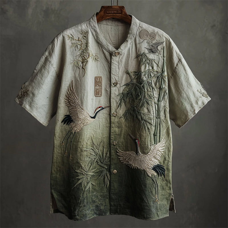 Japanese Cranes & Bamboo Embroidered Gradient Linen Shirt