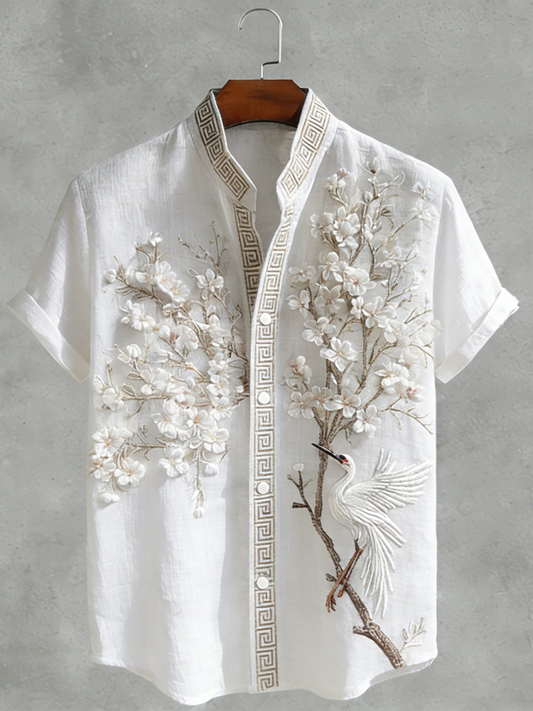 Japanese Cherry Blossom & Crane Art Linen Blend Shirt