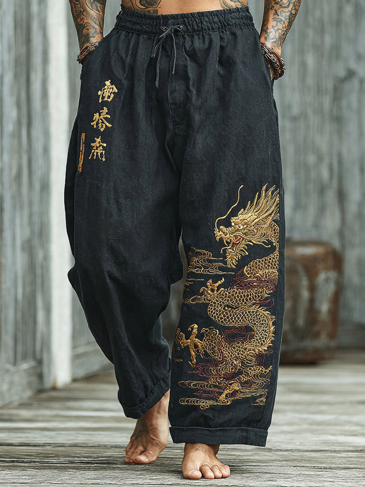 Men's Retro Japanese Dragon Art Print Linen Blend Pants