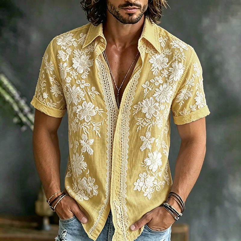 Men's Floral Art Embroidery Casual Cotton Linen Shirt