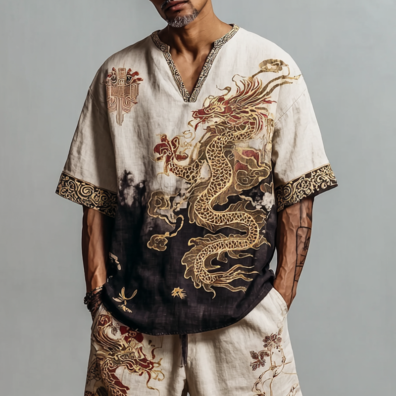 Men's Retro Dragon Design Loose Fit Suit