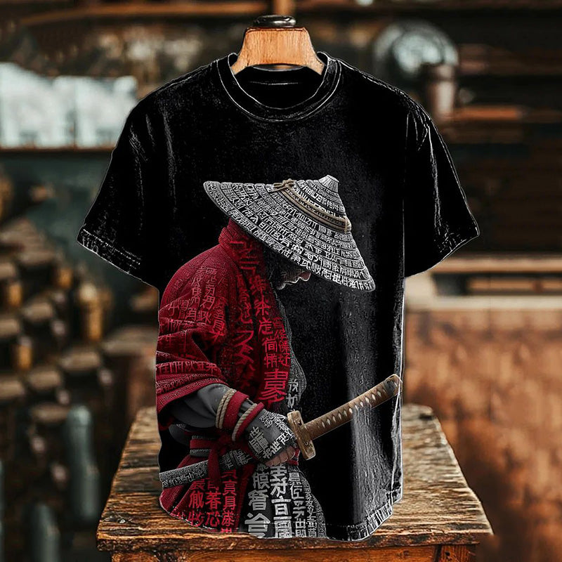 Men's Japanese Samurai Calligraphy Print Casual T-shirt