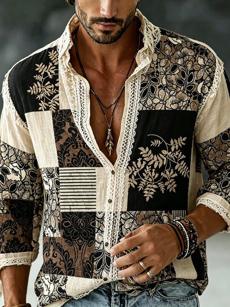 Men's Retro Floral Patchwork Art Print Flowy Linen Blend Shirt