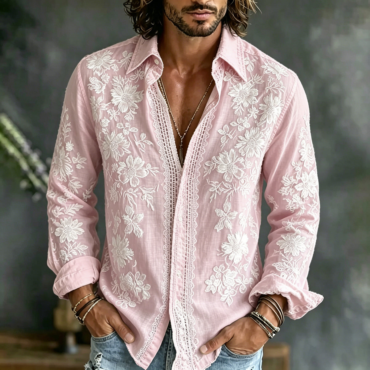 Men's Floral Embroidered Casual Cotton Linen Long-sleeved Shirt