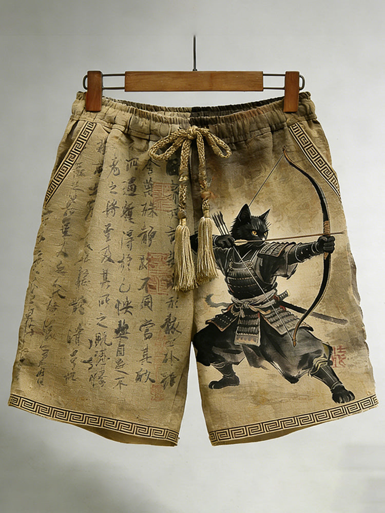 Men's Black Cat Samurai And Calligraphy Pattern Linen Blend Shorts