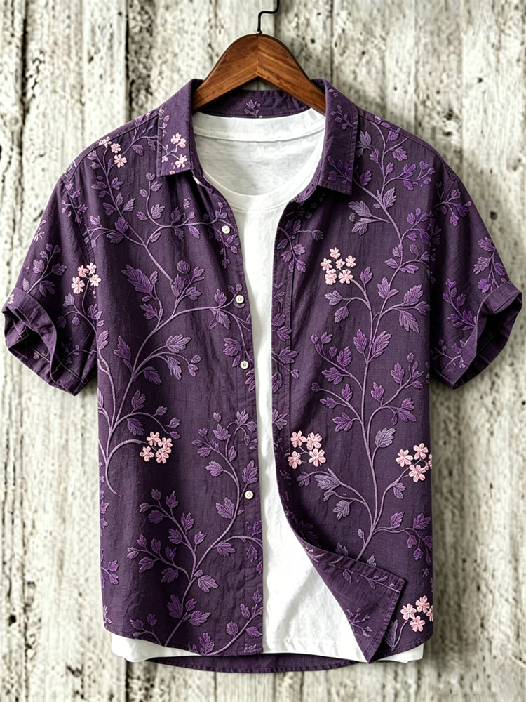 Men's Vintage Floral Art Print Flowy Linen Blend Short Sleeve Shirt