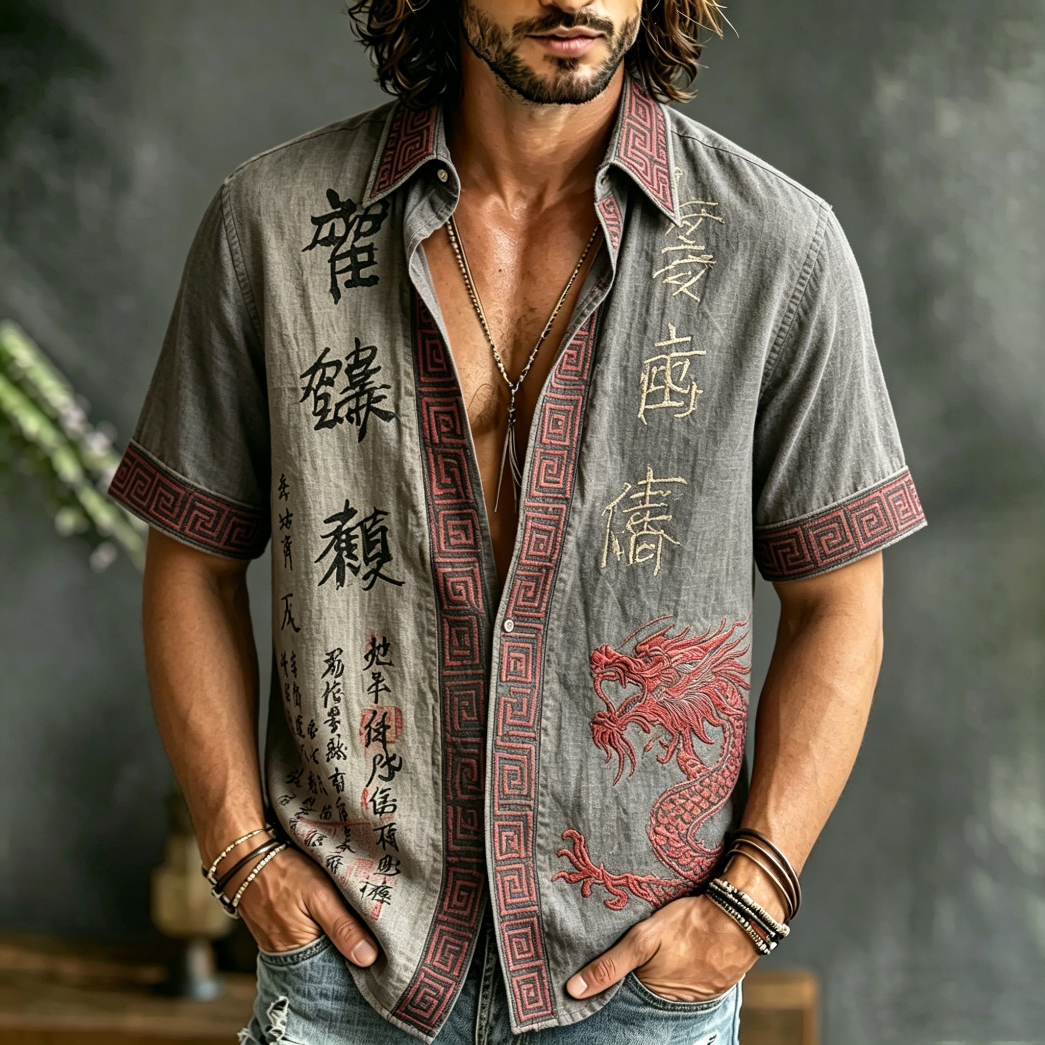 Men's Retro Japanese Calligraphy And Dragon Art Pattern Casual Linen Blend Shirt