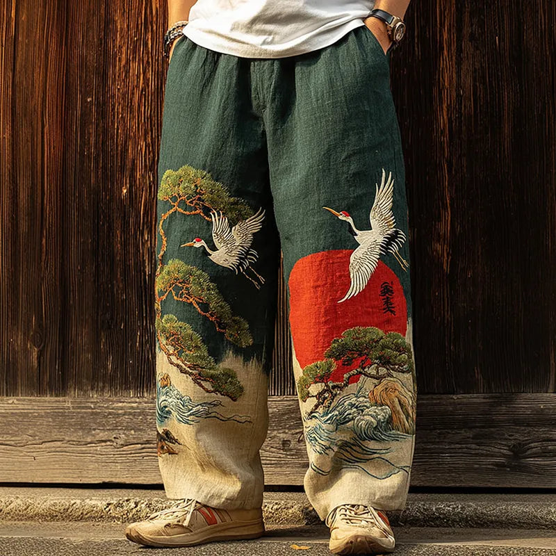 Men's Vintage Japanese Pine Crane Embroidery Art Casual Linen Blend Pants