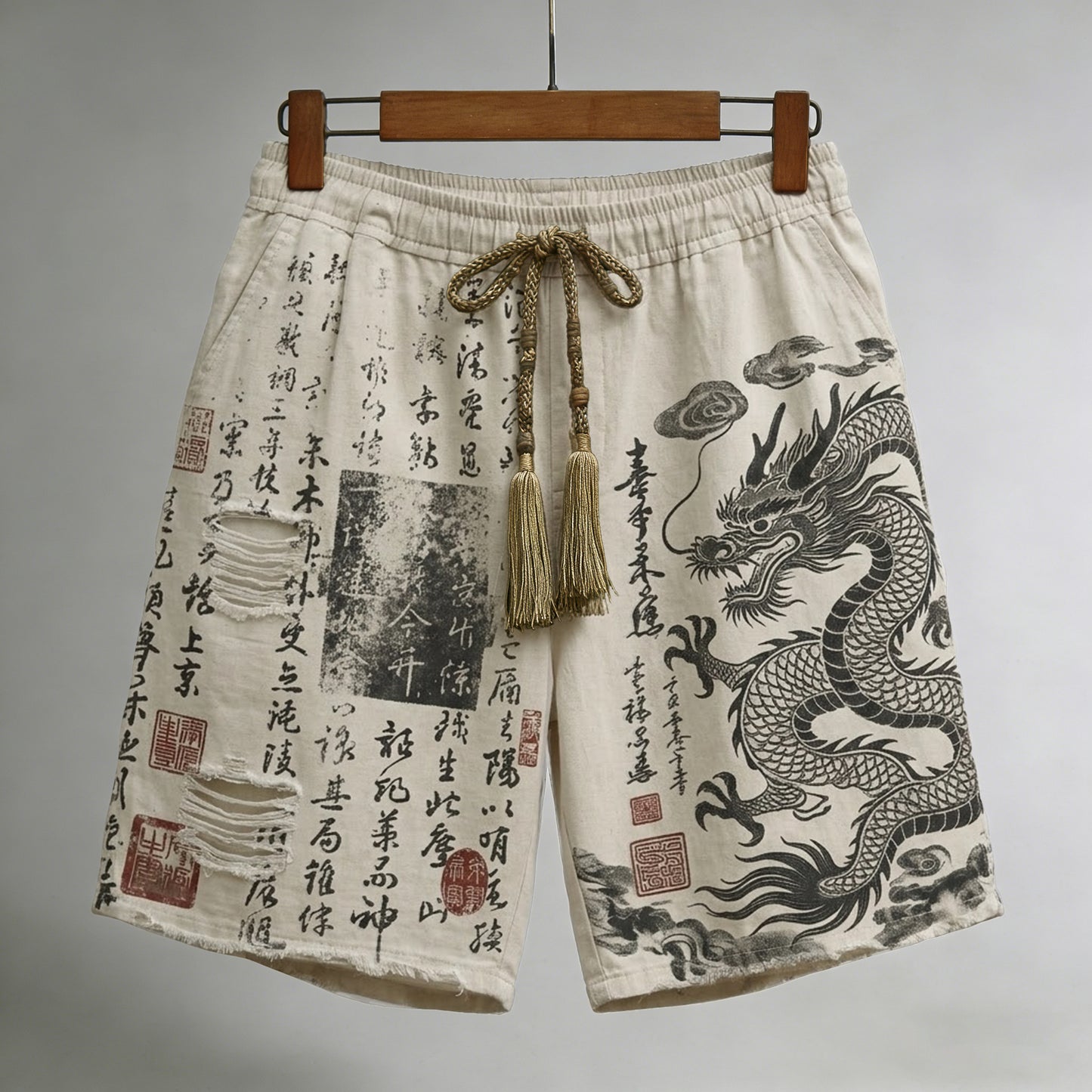 Men's Calligraphy With Dragon Art Pattern Linen Blend Casual Shorts