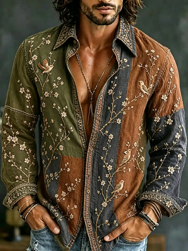 Men's Retro Flowers And Birds Patchwork Art Casual Linen Shirt