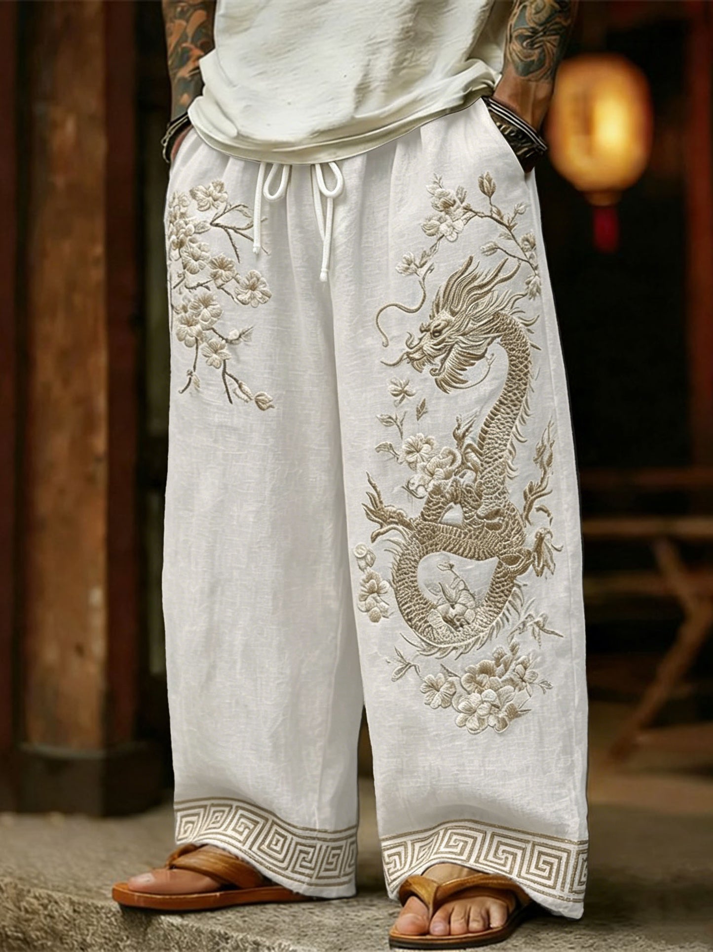 Men's Japanese-style Cherry Blossom With Dragon Pattern Linen Pants