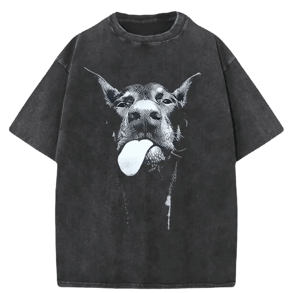 Vintage Washed Cotton T-Shirt Dog Face