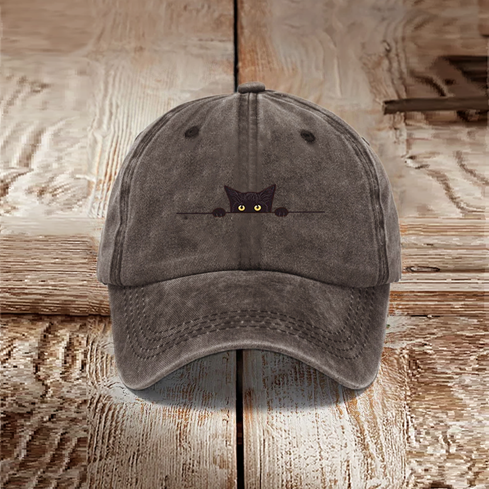 Japanese Art Black Cat Print Washed Hat
